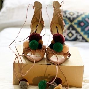 Zara Pink Suede Pom Pom Sandals - Sz. 37 (6.5)